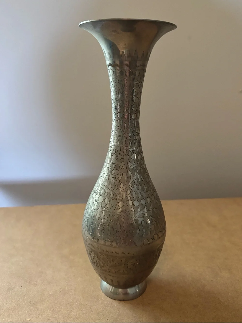 Antique Indian White Brass Floral Engraved Vase